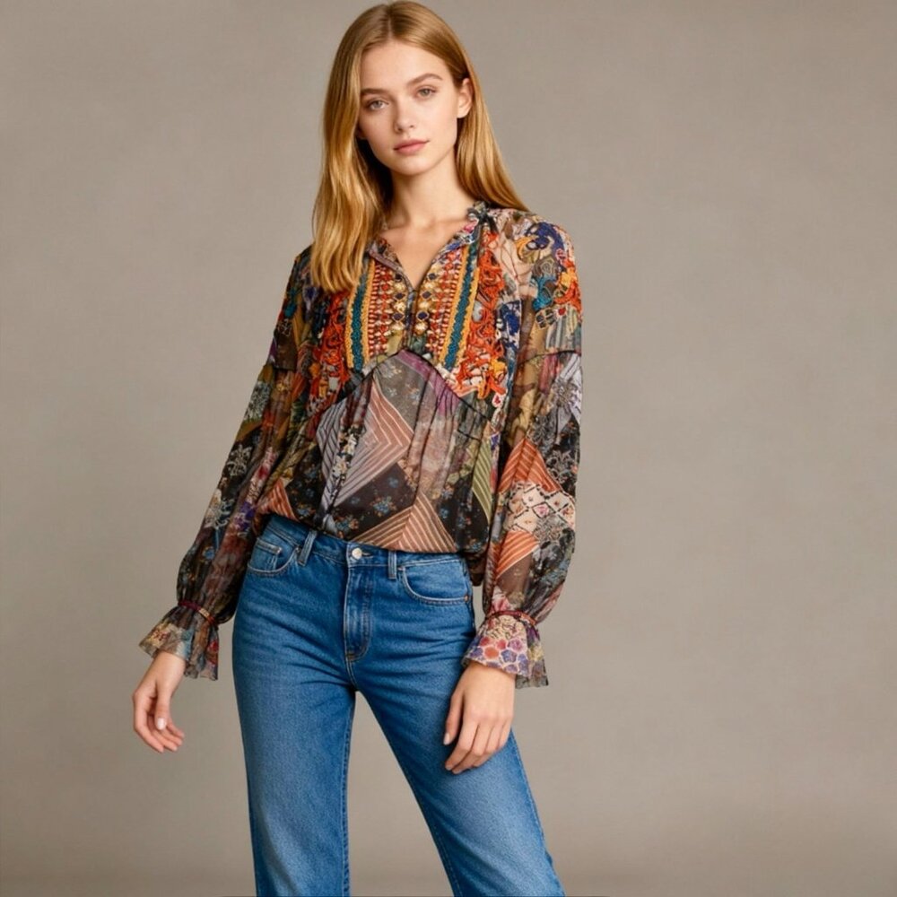 $328 NWOT Johnny Was Mazzy Poet Mesh Floral Embroidered Blouse Top Size S - Picture 2 of 15
